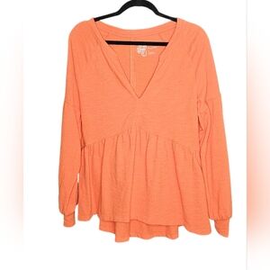 Anthropologie Pilcro Babydoll V-Neck Long Sleeve Top, Size Medium, Orange, GUC